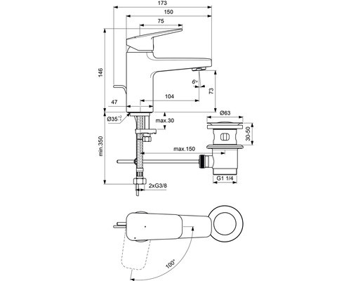 Technický nákres vodovodní baterie s rozměry