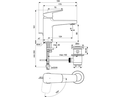 Technický nákres vodovodní baterie s rozměry