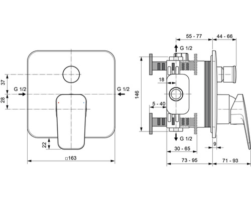 Technický nákres podomítkové armatury s rozměry.