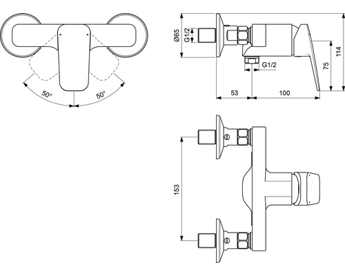 Technický výkres nástěnné baterie s rozměry
