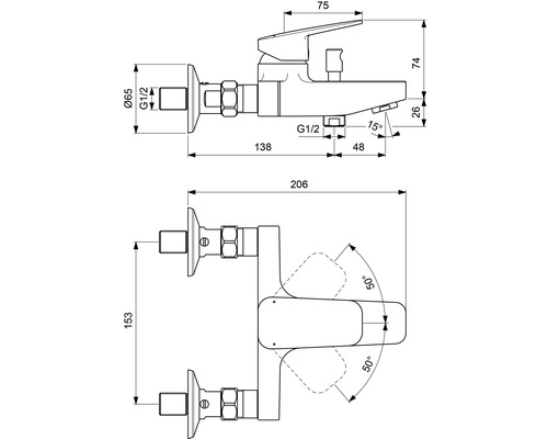 Technický nákres vodovodní baterie s rozměry