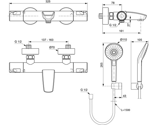 Technický nákres sprchové baterie s ruční sprchou a rozměry