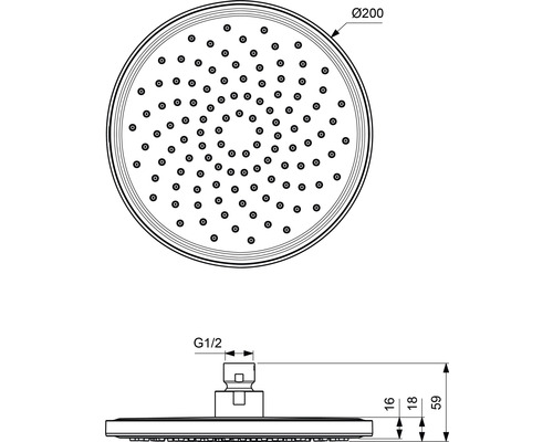 Technický výkres sprchové hlavice s rozměry