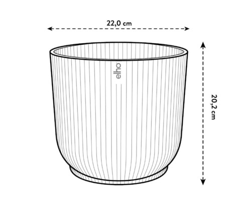Ilustrace kulatého květináče o rozměrech 22,0 cm v průměru a 20,2 cm na výšku