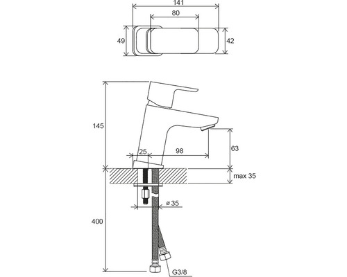 Rozměrový nákres armatury s rozměry 141, 80, 49, 42, 145, 25, 98, 63, maximálně 35, 400 a průměr 35.