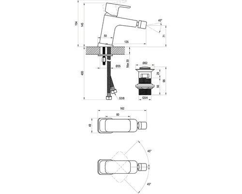 Technický výkres armatury s rozměry