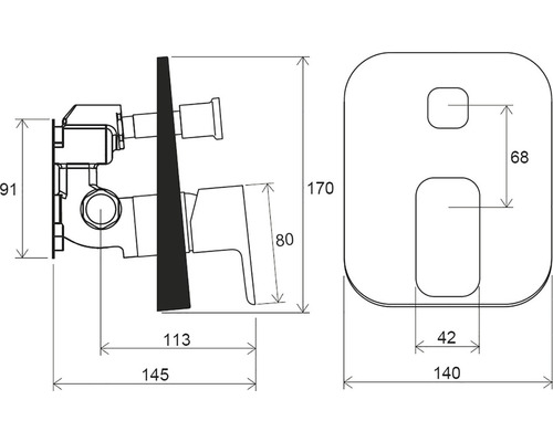 Technický výkres koupelnové armatury s rozměry
