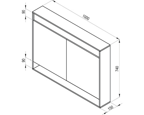 Technický nákres koupelnové skříňky o rozměrech 1000 x 740 x 150 mm.