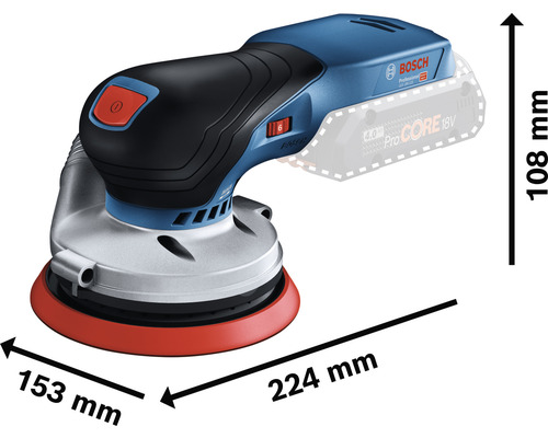 Excentrická bruska Bosch o rozměrech 224 mm délka, 153 mm šířka a 108 mm výška