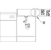 Technický výkres vestavného dřezu se sifonem a kótováním hloubky dřezu pro instalaci.