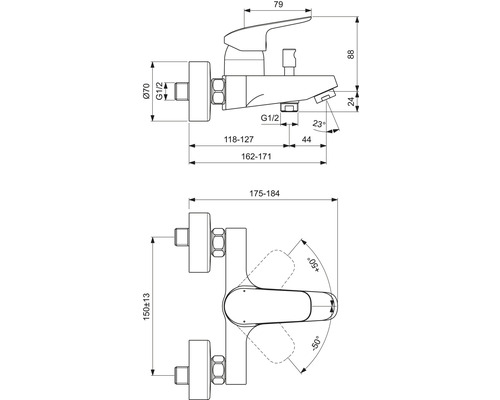 Technický nákres směšovací baterie s rozměry