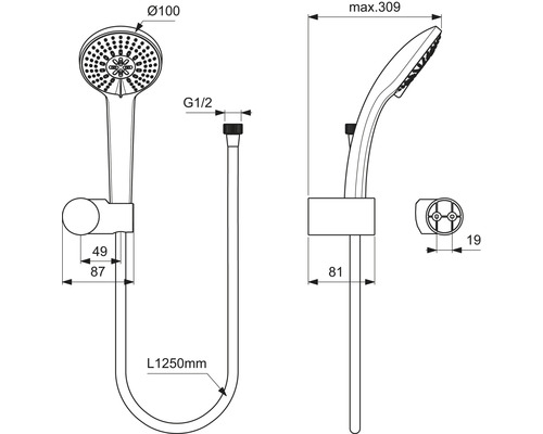 Technický výkres sprchové hlavice s hadicí a držákem, včetně rozměrů