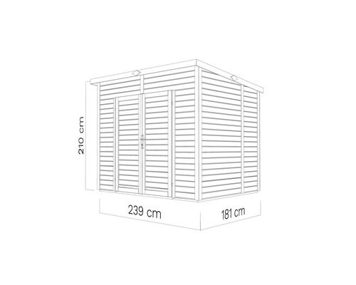 Obrázek zahradního domku o rozměrech 239 x 181 x 210 centimetrů.
