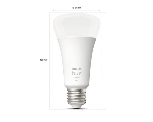 Žárovka Philips Hue o rozměrech 67 milimetrů v průměru a 130 milimetrů na délku