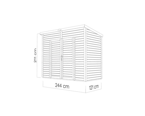 Nákres zahradního domku o rozměrech 211 x 244 x 121 cm