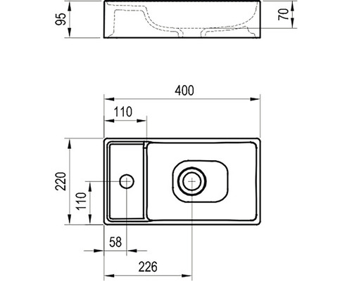 Výkres umyvadla s rozměry