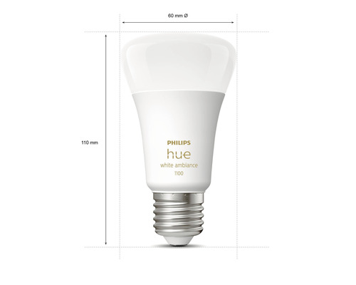 Žárovka Philips Hue White Ambiance 1100, výška 110 milimetrů a průměr 60 milimetrů