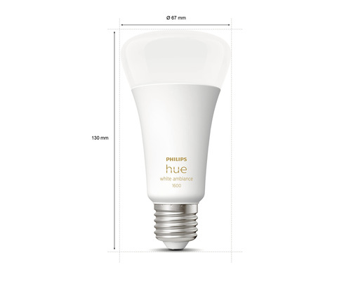 Žárovka Philips Hue o rozměrech 130 mm výška a 67 mm průměr.
