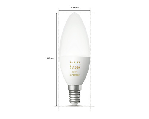 LED žárovka Philips Hue White Ambiance, patice E14, rozměry 117 mm výška, 39 mm průměr