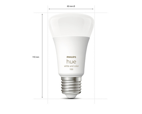 Žárovka Philips Hue o rozměrech 110 mm na výšku a 60 mm v průměru.