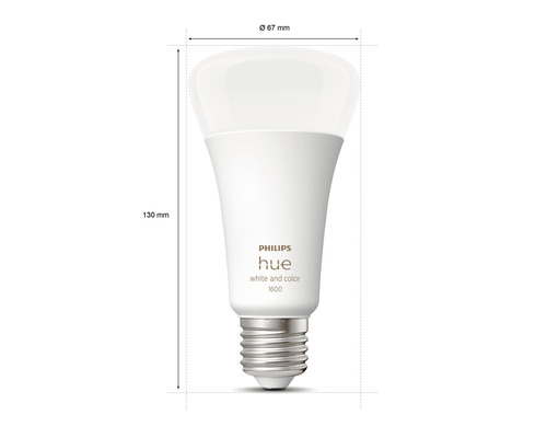 Žárovka Philips Hue o rozměrech 67 milimetrů v průměru a 130 milimetrů na délku