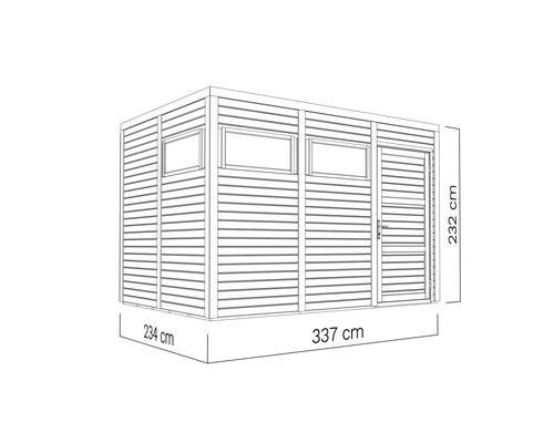 Ilustrace zahradního domku o rozměrech 234 cm x 337 cm x 232 cm