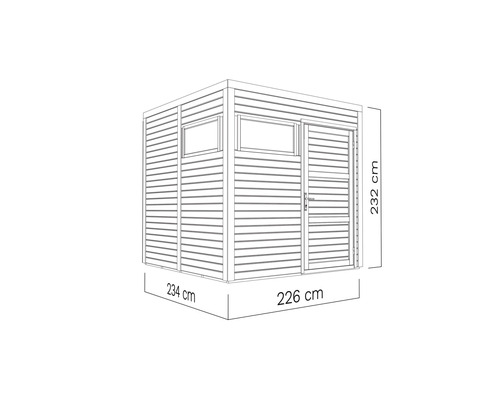 Zobrazení zahradního domku o rozměrech 234 x 226 x 232 centimetrů.