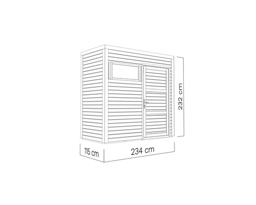 Obrázek zahradního domku o rozměrech 234 cm šířka, 115 cm hloubka a 232 cm výška.