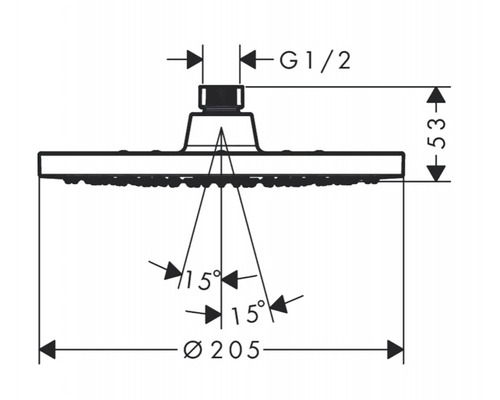 Technický výkres sprchové hlavice s rozměry