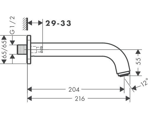 Technický nákres nástěnného výtoku s rozměry