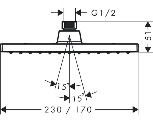 Technický výkres sprchové hlavice s rozměry
