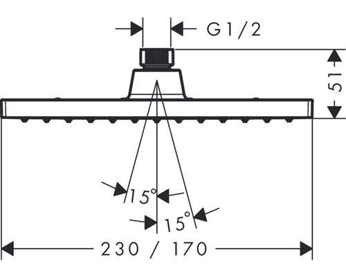 Technický nákres sprchové hlavice s rozměry