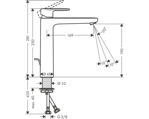 Technický výkres vodovodní baterie s rozměry.