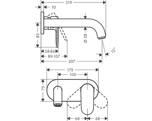 Technický nákres umyvadlové baterie s rozměry