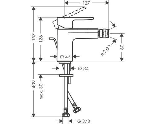 Technický nákres bidetové baterie s rozměry