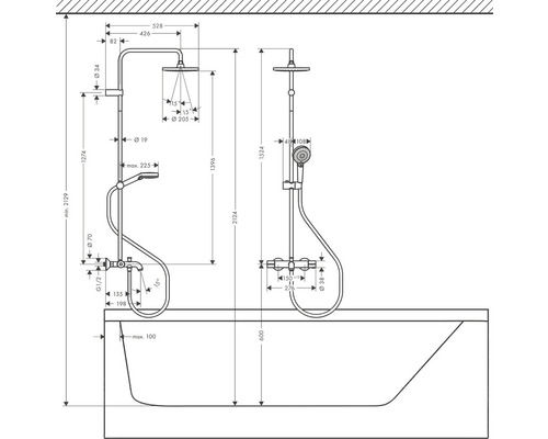 Technický nákres sprchové armatury s rozměry pro instalaci nad vanu.