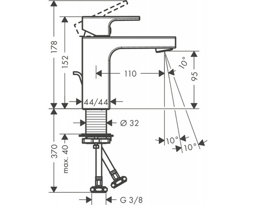 Technický výkres umyvadlové baterie s rozměry