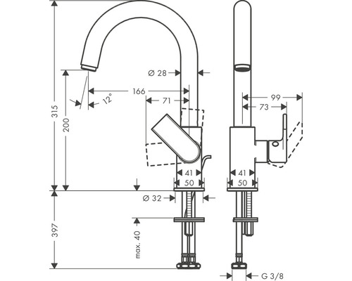 Technický nákres kuchyňské baterie s rozměry
