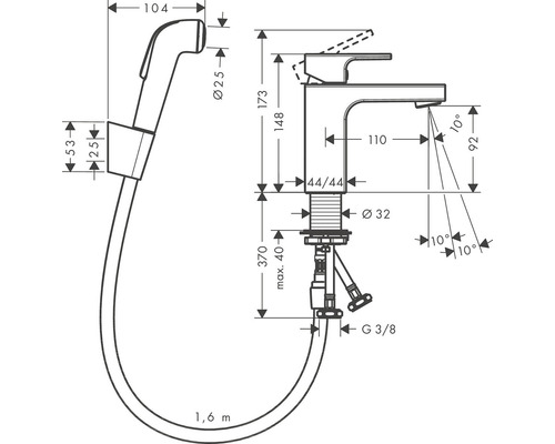 Technický nákres umyvadlové baterie s ruční sprchou a rozměry