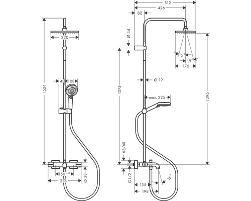 Technický nákres sprchové baterie s rozměry