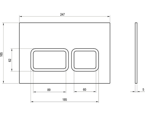 Technický výkres ovládacího tlačítka pro WC s rozměry