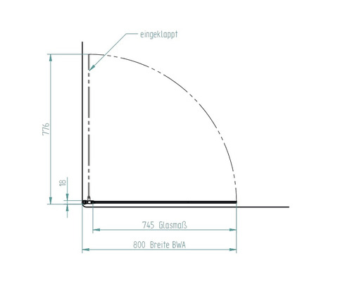 Technický nákres sprchové zástěny s rozměry
