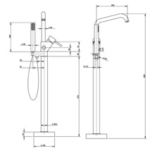 Technický nákres volně stojící vanové baterie s ruční sprchou a rozměry