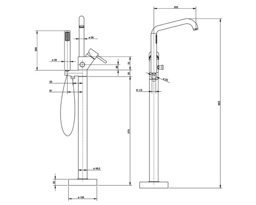 Technický nákres volně stojící vanové baterie s ruční sprchou a rozměry