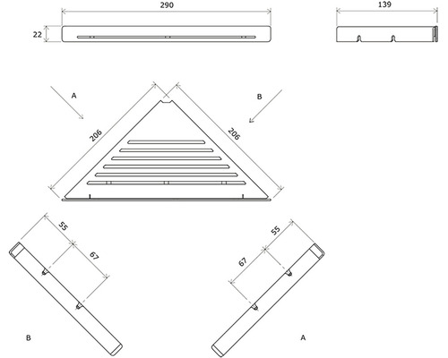 Technický nákres rohové police s rozměry