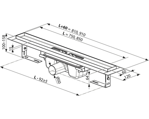 Technický nákres sprchového žlabu s rozměry