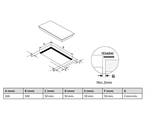 Montážní náčrt varné desky s rozměry