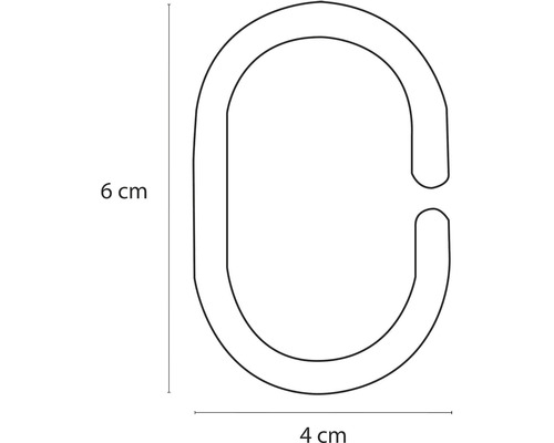 Obrázek kroužku sprchového závěsu o rozměrech šest krát čtyři centimetry.