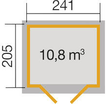 Půdorys s rozměry 241 krát 205 a objemem 10,8 metrů krychlových