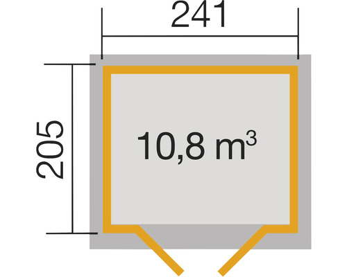 Půdorys s rozměry 241 krát 205 a objemem 10,8 metrů krychlových